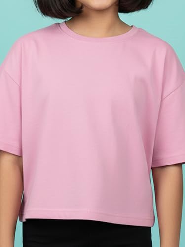 Image of KiddoPanti Girls 100% Cotton Solid Drop Shoulder Half Sleeve Round Neck Crop Tee