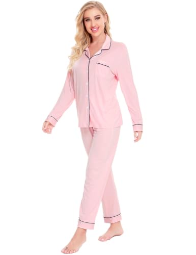 Image of SWOMOG Womens Pajamas Set Long Sleeve Sleepwear Button Down Nightwear Soft Cotton Pj Lounge Sets