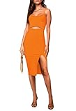 Pink Queen Women's Sleeveless Bodycon Cutout Dresses High Waist Evening Wedding Club Knit Midi Dresses Orange L