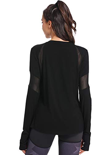 Muzniuer Long Sleeve Workout Tops for Women Gym Exercise Athletic Shirts Long Sleeve Yoga Shirts Loose Sports Shirts with Thumb Hole Running Activewear for Women Black L