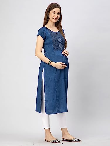 Image of CEE 18 Cotton Rayon Straight Maternity Feeding Kurti for Women with Zippers | Maternity Dress in Breathable Fabric for Pre and Post Pregnancy & Nursing for Mom (Small, Blue)