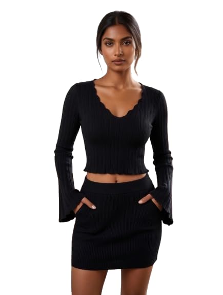 SAGUZA Women Ribbed Co-Ord Set | Full Sleeve Crop Top & Mini Skirt | Stylish Body Fit Casual Western Outfit for Women-picture-50