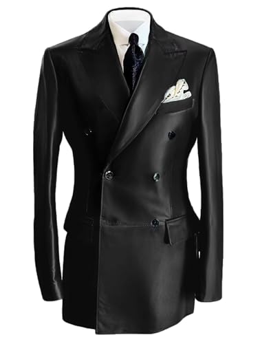 Fashion Men's Leather Blazer Double Breasted Jacket Peak Lapel Coat Leisure Regular Fit Tuxedos for Evening Party