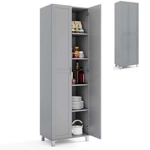 COSTWAY 187cm Tall Kitchen Cupboard, 2-Door Buffet Pantry Storage Cabinet with Adjustable Shelves, Elevated Feet & Anti-tipping Device, Freestanding Sideboard Organizer Unit for Dining Room (Grey)