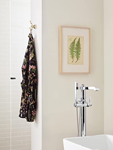 Image of Amerock Mulholland Double Prong Golden Champagne Wall-Mounted Hook | Decorative wall hook in durable zinc construction for coats, hats, bags, towels, and everyday organization