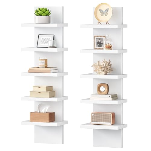 Image of HOOBRO 5 Tier Wall Shelf Unit, 2 Pack Floating Shelves for Wall, Wall Mounted Shelves for Storage, Vertical Display Shelf, Organizer Tall Tower Design for Livingroom Bedroom Kitchen, White WT18BJP201