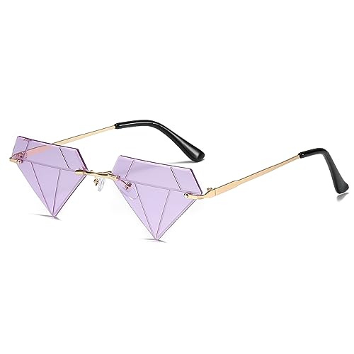 ailov Unique Diamond Rimless Trendy Sunglasses for Men Women UV400 Funky Harry Fashion Glasses (Lavender Purple)