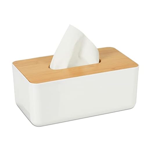 Relaxdays Caja para pañuelos, Tapa de bambú, para el baño, Moderno, Plástico, 10 x 23 x 13 cm, 1 Ud, Blanco & Marrón