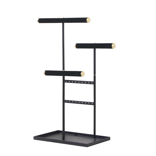 Coward 3 Tier Necklace Bracelet Earring Holder Stand, Jewelry Display Organizer with Tray, Velvet T-Bar Necklace Organizer Stand, Multi-use Metal Jewelry Holder Rack for Men Women (Black)