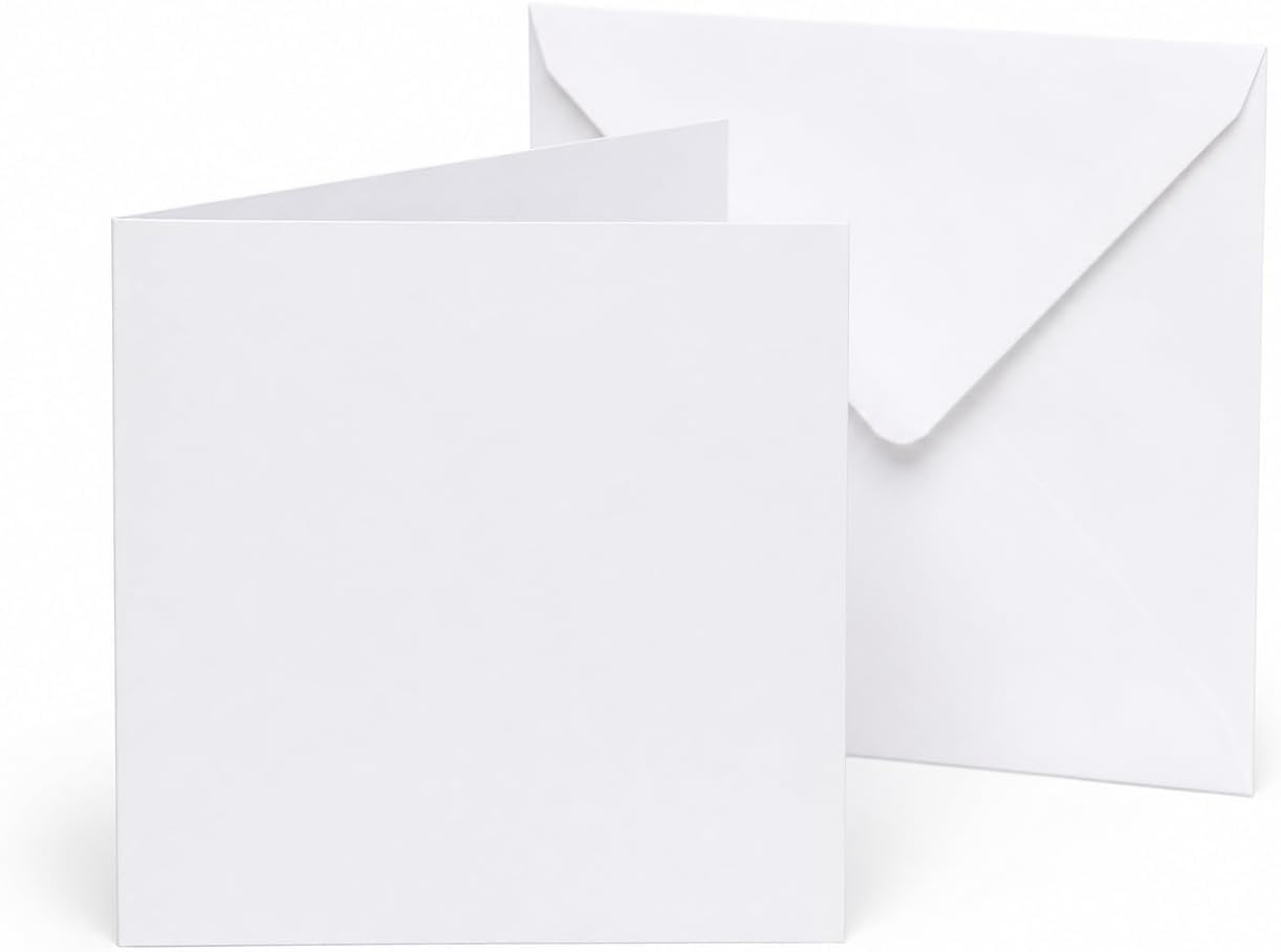 DJP 5 x 5 Bright White Card Blanks & Envelopes - 300gsm Card Pre-Creased for Easy Folding - Pack of 50