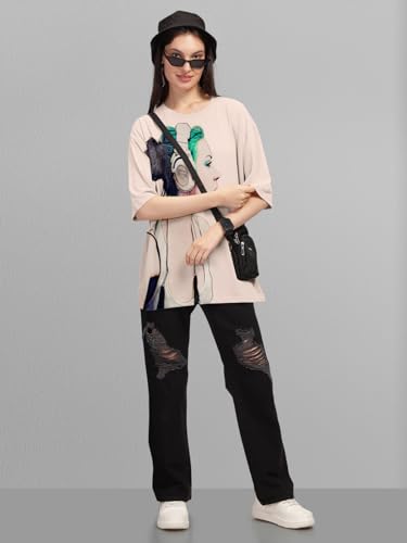 Image of HELLCAT Beige Trendy Printed Oversized T-Shirt for Women