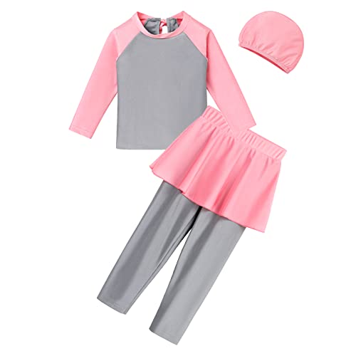 Girls Muslim Swimwear Modest Islamic Hijab Burkini Rashguard Swimsuit Two Pieces Tankinis UV Sun Protection Top + Pants Bathing Suit UV Sunsafe Beachwear Surfing Outfit Grey 3-4 Years
