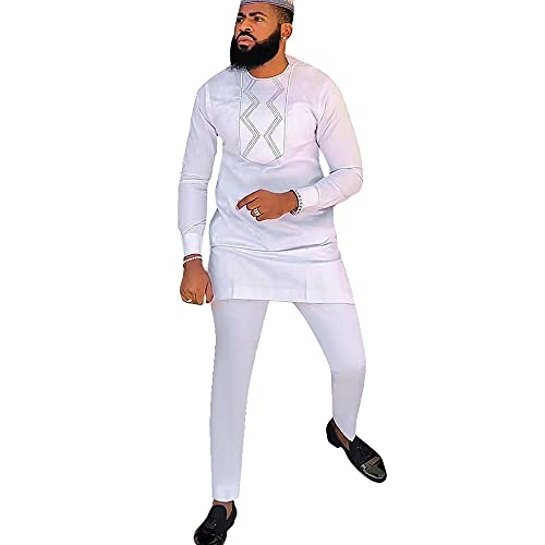 HD Men's African Clothes Embroidery Dashiki Long Sleeves All White Shirt and Pants Set