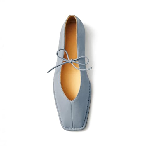 Square Toe Ballet Flats for Women Lace Up Blanket Stitch Sole Sewing Shoes Comfortable Casual Mary Jane Ballerina Flats