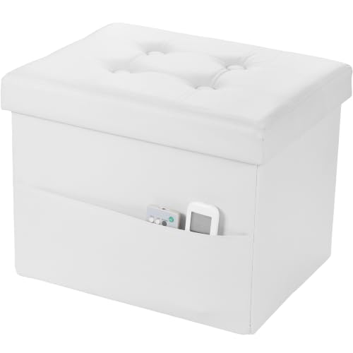 Image of Bsketa Storage Ottoman Bench,16 Inch Folding Leather Foot Rest Stool, White | Small Ottoman with Side Pockets, Thicker Foam Padded Seat, Livingroom, Dorm, Bedroom, Easy to install, 38L, 16x12x12in