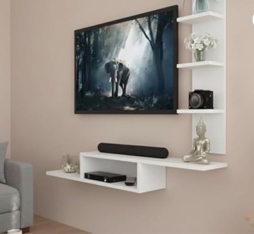 Image of Bros Moon Wall Mounted TV Cabinet, L-Shape, Modern Style, Laminated Finish, for Living Room, Suits TV up to 42 Inches (Frosty White, Dual L 36 Inches Base)