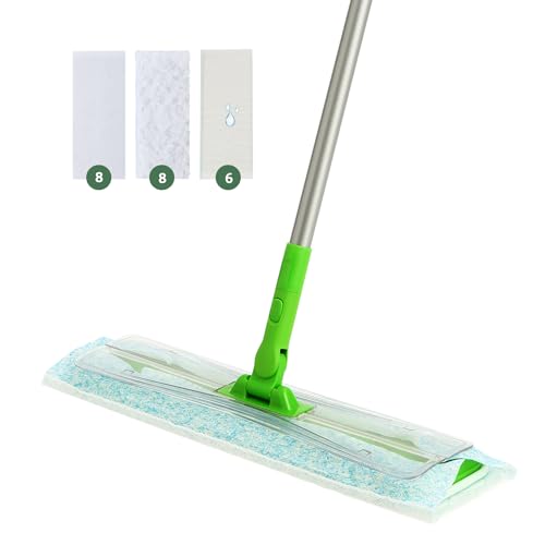 Eyliden Large Sweeper Mop, 16.5' Wide - Lock Tight Design No Lost Pads - 22 Disposable Dry & Wet Cloths, 58' Adjustable Handle, Dust Mops for Pet Hair, Hardwood Floors, Universal Refills (Green)