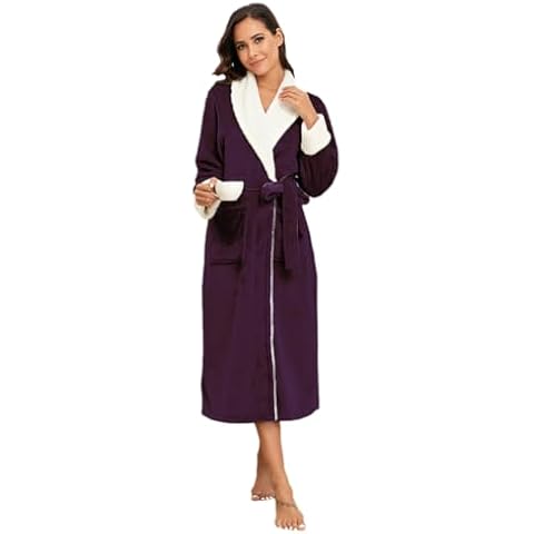 RONGTAI Plush Fleece Bathrobe for Women, Long Robe with Two Side Pockets and Belt, Warm and Cozy Fluffy Sleepwear Nightgown (Dark Purple, M) Cover