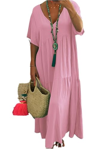 Large Size 2025 New Summer Women's Solid Color Dress Loose Pleated V-Neck Short-Sleeved A-line Long Skirt Female