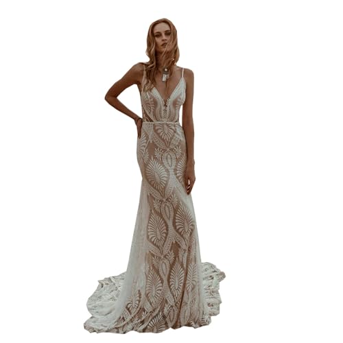 Bohemian Beach Wedding Dress Spaghetti Straps Lace Mermaid Bridal Gown with Train