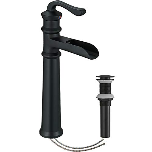Free Shipping 🛒 Black Bathroom Faucet Matte Waterfall Vessel Sink With Pop Up Drain Stopper Tall Single Hole Bowl Mixer Tap Without Overflow Commercial Supply Line Lead-Free by Homevacious