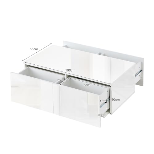 CLIPOP Hochglanz Couchtisch weiß mit LED, Wohnzimmertisch mit 4 Schubladen, einstellbaren Lichtfarben, Mitteltisch mit Stauräume, Moderner Sofatisch, Teetisch für Wohnzimmer, 100x55x40cm – Bild 3