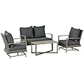 Outsunny 4 Piece Wicker Patio Furniture Set with 2 Rocking Chairs, Loveseat Sofa, Outdoor PE Rattan Conversation Set with Cushions, Aluminum Table for Porch, Poolside, Dark Gray