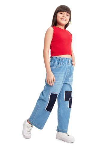 Image of olele Girls Super Jeans Collection for 4-14 Yrs | Stretchable Cotton Denim Trousers | Blue Jeans for Kids | Baggy Denim Pants | Cargo Pants for Girls