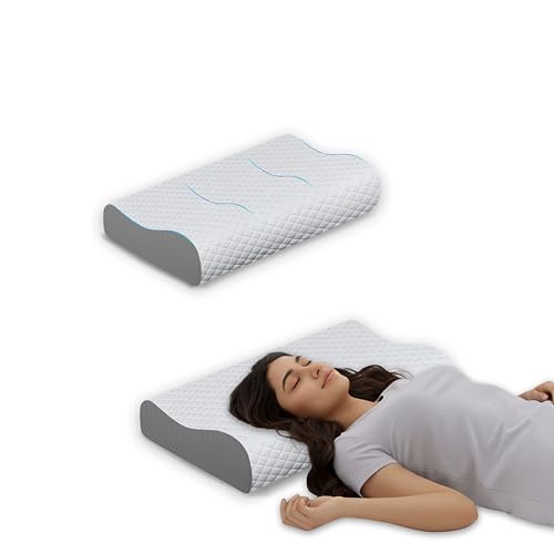 Dr. Mashur Orthopedic Memory Foam Pillow, Ergonomic Cervical Contour Breathable Design, Cooling Soft Cushion for Neck and Shoulder Support, Washable Cover, Dual Height 6cm & 9cm, Grey