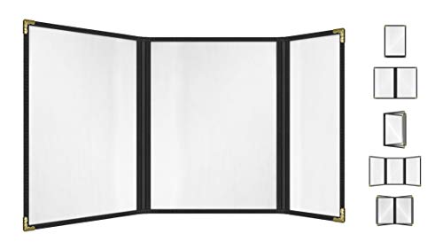 Goodsmart Restaurant Menu Covers – 25 Pack Black Trifold 6-View, Side-Loading Menu Holders, Vinyl &amp; Plastic Café Menu Covers, Clear Menu Sleeves, Fits 8.5" x 11" &amp; 4.25" x 11", Gold Corners