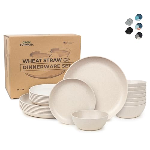 Comparison: Best Dinnerware For Rv 5 Grow Forward 24-piece Premium Wheat Straw Dinnerware Sets for 8 - Unbreakable Dishwasher & Microwave Safe Plastic Plates and Bowls Sets - Patio, Outdoors, RV, Camping Dishes - Sahara
