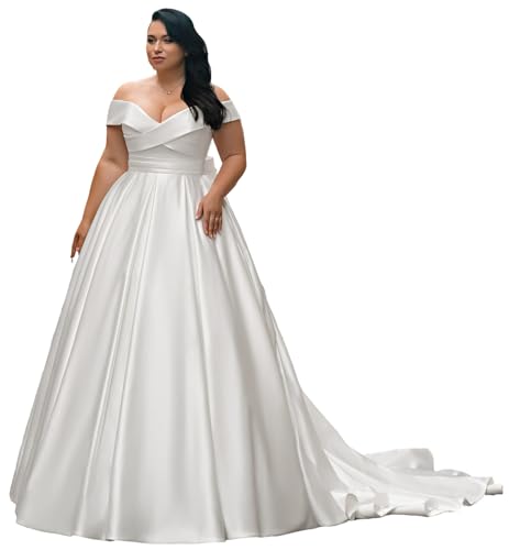 FHPKGE Vintage Plus Size Wedding Dresses V-Neck Satin A-Line Bride