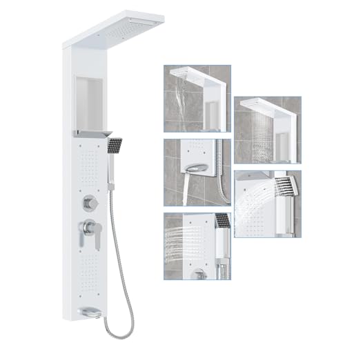 UISEBRT Panneau de douche en acier inoxydable 5 fonctions avec douche à effet pluie, cascade, douchette, 2 buses de massage, bec de baignoire (blanc)