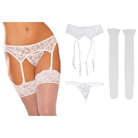 MAKFORT Womens Sexy Garter Belt Lace Lingerie Thigh High Stockings with Suspender Belt White Cover