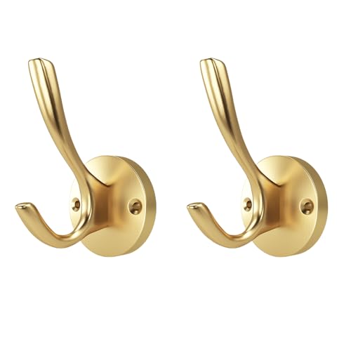 ZUONAI Metal Gold Hooks 2 Pack Brushed Gold Bath Hooks for Towels Heavy Duty Metal Coat Hook for Hanging Coats and Hat Wall Mounted Towel Hanger for Bathrooms Clothing Double Hanger for Bedroom