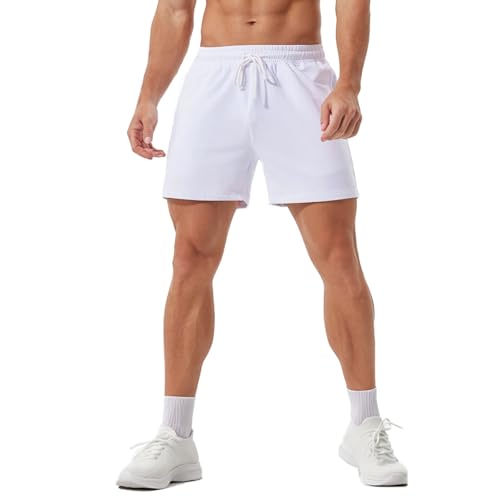 Jeixopu Mens Athletic Gym Shorts 5" Cotton Jogger Workout Casual Lounge Sweat Shorts with Pockets (White-L) - image 7