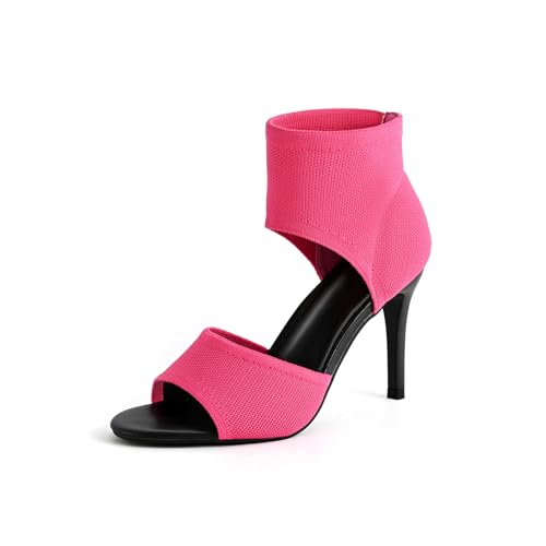 Image of Peep Toe Heels for Women Sexy 3 Inches Stiletto Heeled Sandals for Women Open Toe Wide Stretchy Knit Heel Sandal Booties Slip On Comfortable Dressy Shoes for Prom, Party and Work
