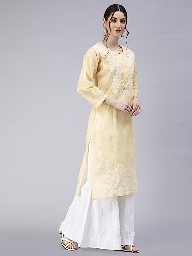 Image of Seva Chikan Hand Embroidered Lucknowi Chikankari Cotton Kurta Kurti for Women SCL4316
