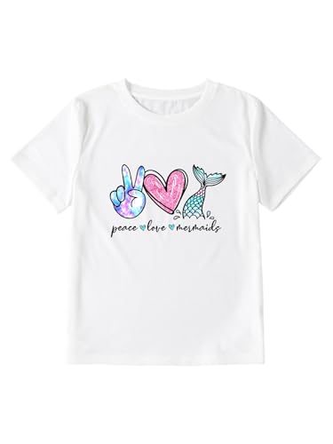 Girl's Peace Love and Mermaids Print T-Shirt Short Sleeve Crew Neck Summer Tee