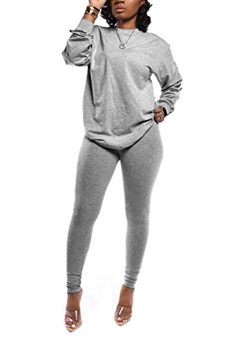 Two Piece Outfit for Women - Casual Pullover Tops High Waist Bodycon Leggings Jogging Suits Sweatsuits Grey 2XL