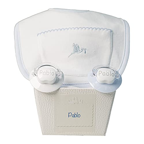 BebeDeParis Sucette bébé Personnalisée avec Nom, Pour bébés de 0 à 6 mois, Sucette avec Tétine en Silicone et Boîte Personnalisée, Sans BPA (2 Succettes + Bavoir, Bleu) Cover