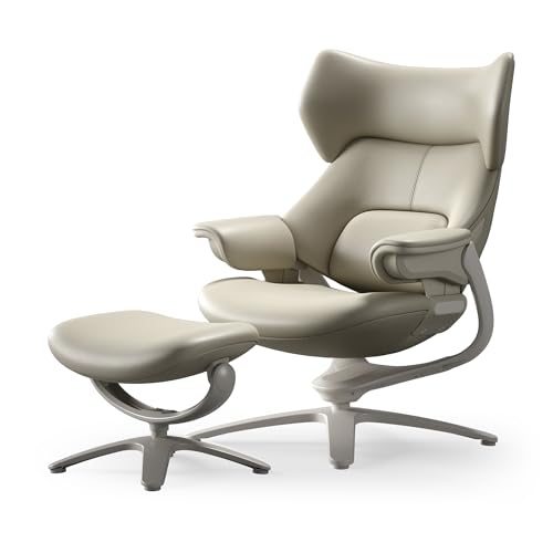 Image of TOMU Genuine Leather Reclining Swivel Chair with Adjustable Headrest and Ottoman for Living Room, Executive Office, Bedroom and Study. Real Leather Luxury Lounge Chair for Reading and Relax(White)