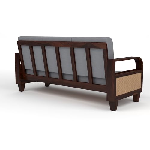 Image of Sheesham Wooden 3 Seater Sofa for Living Room | Solid Wood Sofa with Rattan Cane Side Rack | Rosewood Sofa Set for Home & Office | Lounge (Walnut, 3 Seater)