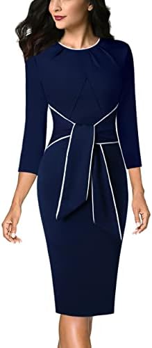VFSHOW Womens Dark Blue Pleated Crew Neck Tie Waist Belted Slim Wear to Work Business Office Bodycon Pencil Dress 9969 BLU M