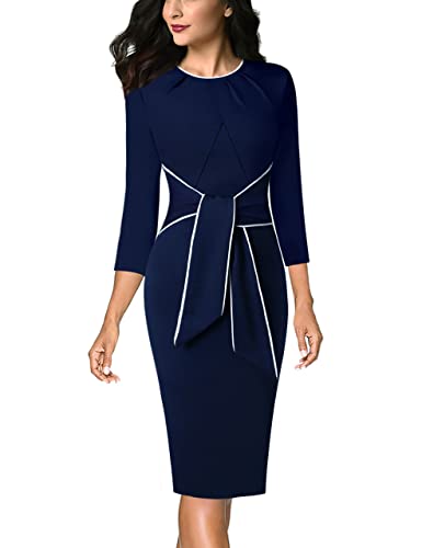 Vfshow Womens Dark Blue Pleated Crew Neck Tie Waist Belted Slim Wear To Work Business Office Bodycon Pencil Dress 9969 Blu M #TOP3