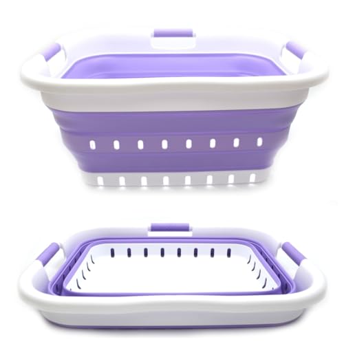Image of SAMMART Collapsible 3 Handled Plastic Laundry Basket - Foldable Pop Up Storage Container /Organizer - Portable Washing Tub - Space Saving Hamper /Basket (3 handled rectangular, White /Lt. Purple)