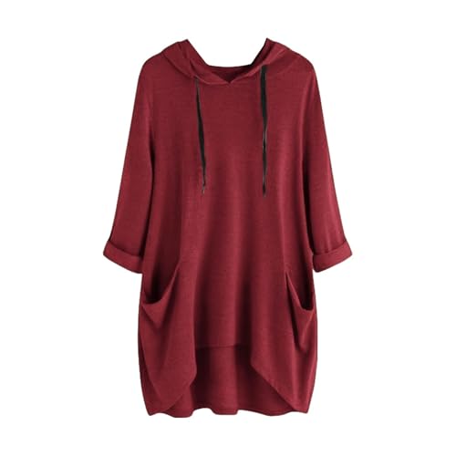 Vestido de temporada con capucha para mujer, camisetas de manga larga, sudaderas casuales de gran tamaño, camisas sueltas tipo túnica con bolsillo, traje para mujer, Vino, S