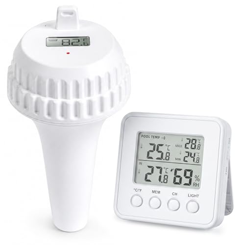 Wireless Pool Thermometer Floating with Indoor Receiver, IP67 Waterproof Digital Water Temperature Sensor with Backlight Screen, 260ft Range Remote Monitor for Pool, Hot Tub, Spa, and Indoor Humidity