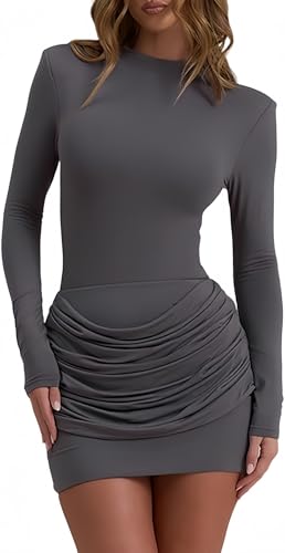 Sukiglam Vestido Mujer Elegante Manga Larga Cuello Alto Vestidos Ajustado con Diseño Drapeado Sexy Mini Vestido de Fiesta Casual Vestidos Corto para Noche Club Eventos Especiales Otoño Invierno