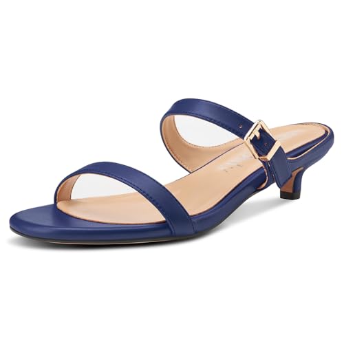 NobleOnly Two Strap Heeled Sandals for Women Kitten Heels Women Slip on Rounded Open Toe Sandals Dress Mules Sandals 1.4 Inches Heels